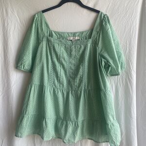 NWT Loft Womens Green Dotted Lacy Tiered Square Neck Puff Sleeve Blouse Size XL